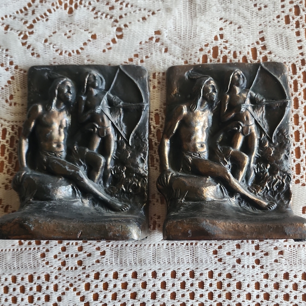 Rare 1900's Vtg. Copper Bronze bookends Native American Indian Archer
